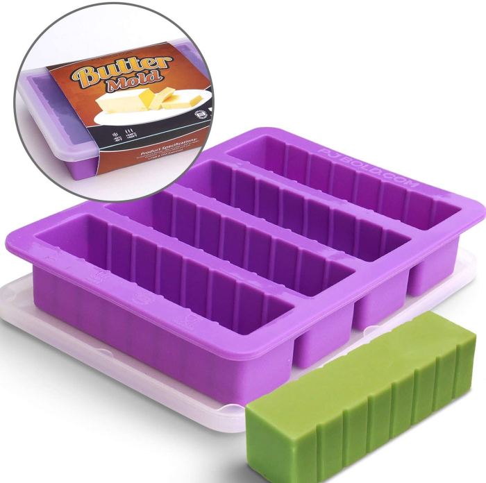 This silicone butter stick mold is my favorite. The graduated marks on the sticks makes it easy to correctly measure in my recipes. The sticks drop out easily. This one also comes with a silicone lid for storage.