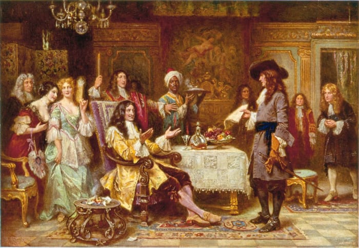 Painting "The Birth of Pennsylvania", 1680, by Jean Ferris. The painting depicts William Penn, holding paper, standing and facing King Charles II, in the King's breakfast chamber at Whitehall.