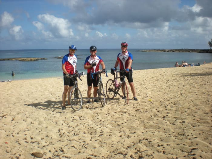 DOM, Box and REL—the three amigos—on a sandy beach, northwest Oahu during one of our many, many outings...