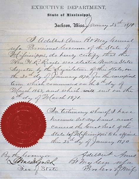 Certification of Hiram Rhodes Revels being elected as a Senator by the Mississippi House of Representatives
