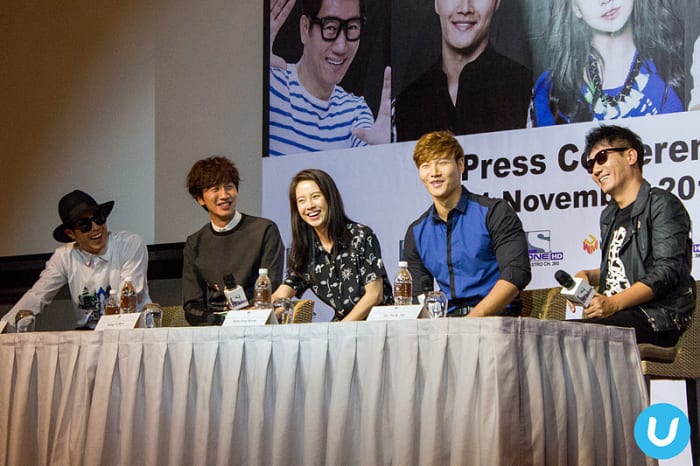 Running Man Cast. From left: HaHa, Lee Kwang-Soo, Song Ji-Hyo, Kim Jong-Kook, Ji Suk-Jin at Running Man Fan Meeting Asian Tour 2014 Season 2, Malaysia.