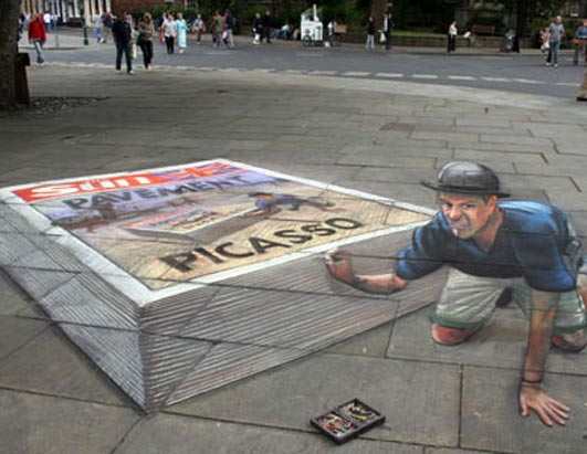 To promote an article written about him in the British newspaper The Sun, Beever drew himself drawing himself. He admits that some people do see his work as graffiti and don't believe it has a place on public streets.