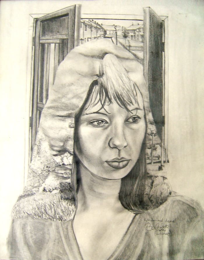A pencil drawing using HB, 2B and 4B pencils on cartridge paper it incorporates tonal modeling, hatching and line tone techniques in the over all image.