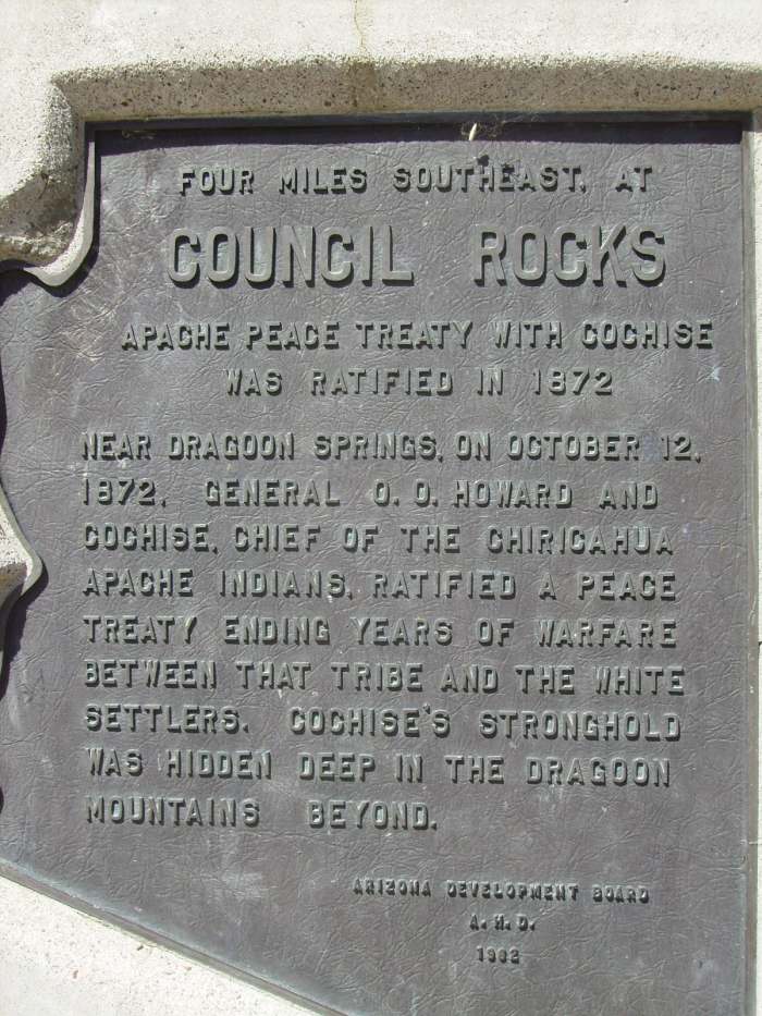 Historical Marker in Texas Canyon rest stop in Arizona, commemorating 1872 Council Rocks Peace Treaty with Chiricahua Apache Chief, Cochise.