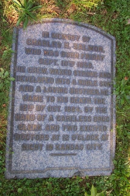 Charles Salmon, "He grew, waxed strong and developed into a noble son and a loving brother. He came to his death by the hand of a careless drug clerk and two excited doctors at 12 o'clock at night in Kansas City."