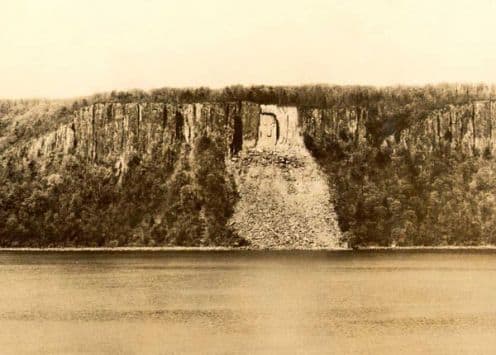 The "Hitler" face, c. 1941 on the Palisades of New Jersey as seen from the Hudson River. See upper left side of the rockslide. Another rockslide obliterated the face after WW II. (Photo by the Yonkers Ferry Corporation).