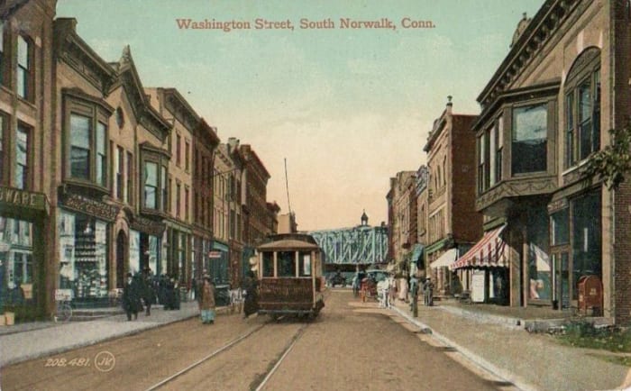 A postcard image circa 1910 of Washington Street, South Norwalk, Connecticut, where I moved to from Yonkers in 1952. Norwalk's trolleys were long gone by then. Yonkers trolleys were replaced by buses in late 1952.