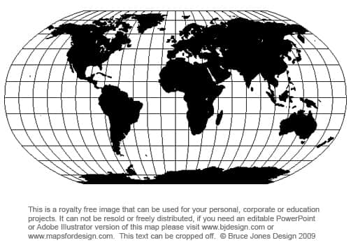 There are two main projections used for graphic map images. Mercator and Robinson. This is the Robinson map projection and is a projection that shows the entire world at once. It is seen as a fair compromise to showing the world as a flat projection.