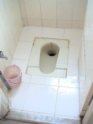 Indian Toilet:Toilettes indiennes: The Indian toilet is a puffed up hole in the floor with a place to put your feet on each side connected to a drainage system.