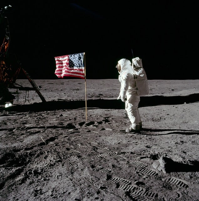 Buzz Aldrin on the moon in 1969 with Apollo 11. Aldrin is a symbol of the ongoing public and private Mission to Mars.