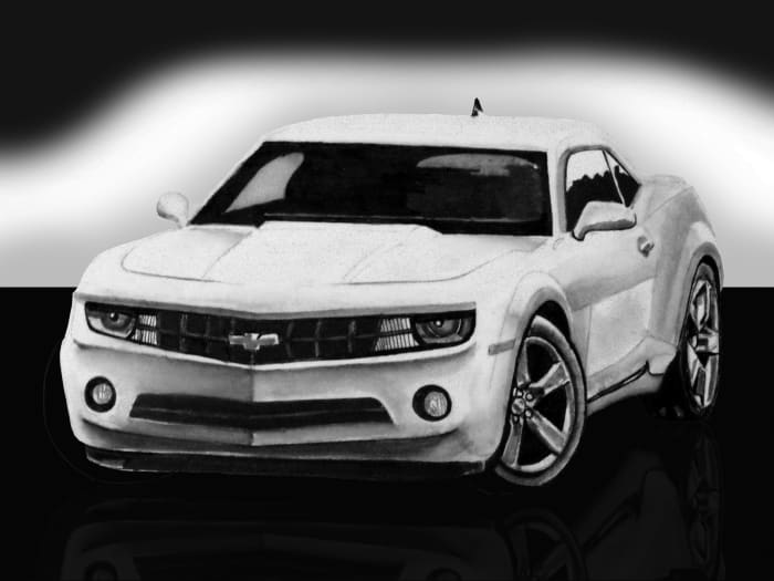 Camaro RS sports car 6.2 litre, V8. Car drawing that has been further manipulated with photo editing software for enhanced presentation purposes.