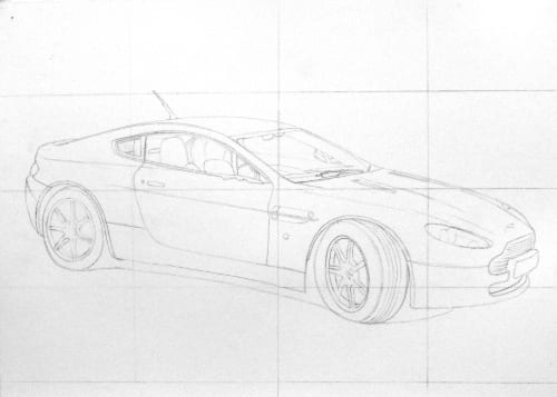 How to draw cars, Aston Martin grid drawing construction.