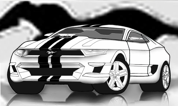 How to draw cars easy, concept car GT500 Ford Mustang made using a graphite pencil drawing and the photo editing software.