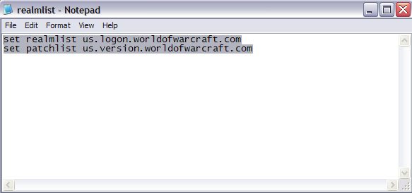 This is the original realmlist used to log on to Blizzard servers. Highlight and delete everything in the file. (Don't worry if you ever want to play on Blizzard server's again, just follow the same steps and add the Blizzard realmlist)