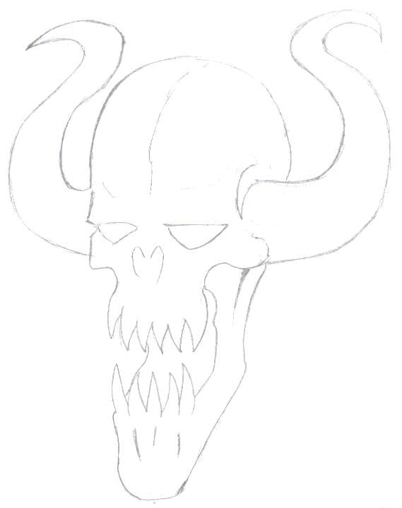The important features are pencilled in. Eyes, skull nose horns etc. The demon is looking demon like now.