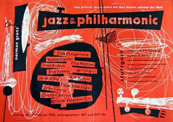 Jazz At The Philharmonic Original Vintage Concert Poster First Printing Stuttgart, Germany February 19 1954, designed by Gunther Kieser