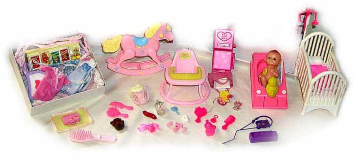 Mr. Heart explained to Barbie that his baby girl now has everything she needs - crib, food, clothes, rocking horse, high chair, toys,