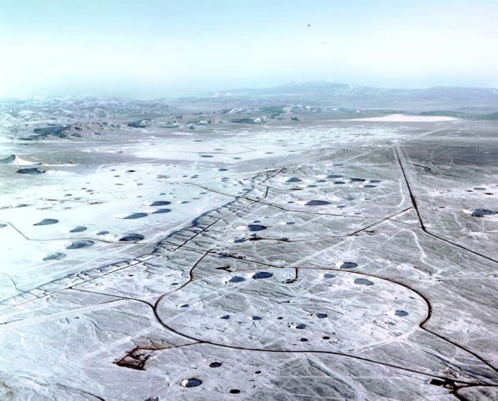 North end of Yucca Flat, where most atomic bomb tests have been conducted, Area 51 is just over the mountains in the background.