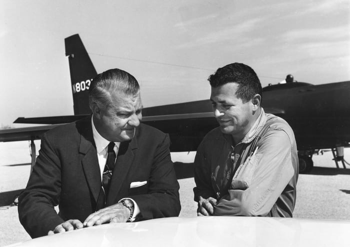 Kelly Johnson joined Lockheed in 1933 would lead the research at Skunk Works for over 42 years. Kelly Johnson and Gary Powers in front of a U-2 a high altitude spy plane designed to overfly the Soviet Union.