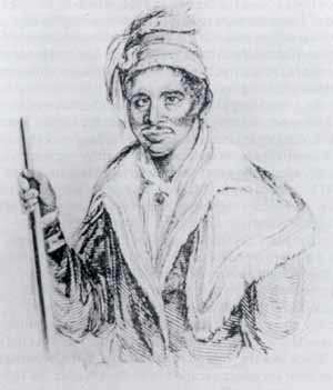 Abraham, a Black Seminole Leader in the Second Seminole War (1835-1842). The Indians called him "Souanaffe Tustenukke," a title indicating membership in the highest of the three ranks of war leaders. He is wearing typical Seminole dress and holding a