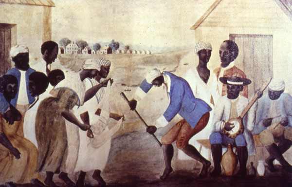 "The Old Plantation," South Carolina, about 1790. This famous painting shows Gullah slaves dancing and playing musical instruments derived from Africa. Scholars unaware of the Sierra Leone slave trade connection have interpreted the two female figure