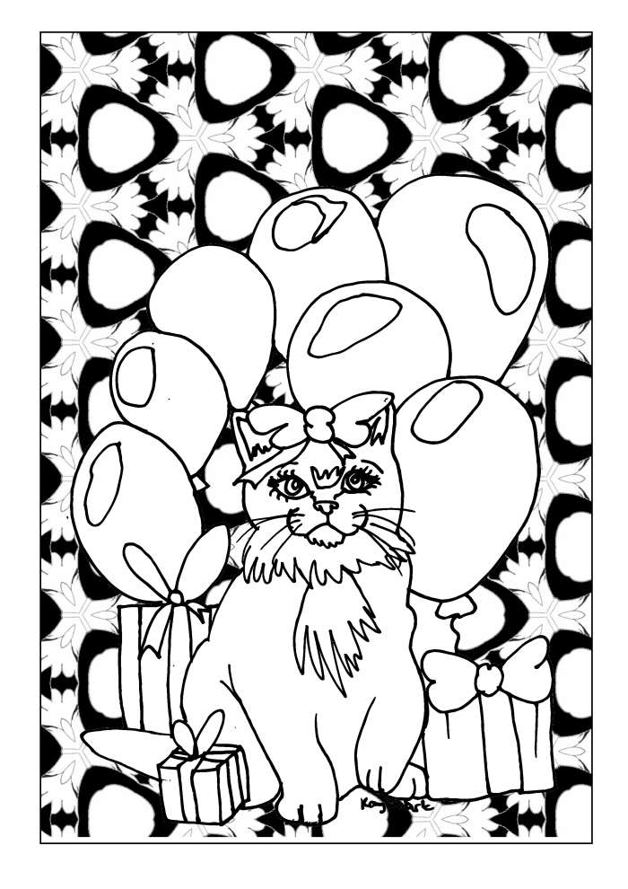 Cat Birthday Party printable coloring page featuring a cute cat with birthday presents and balloons.