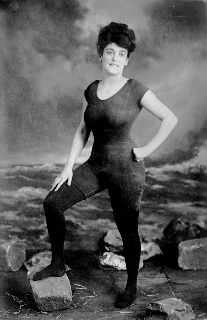 Annette Kellermann Australian swimmer in the early 1900s, wearing the bathing suit she had designed herself.
