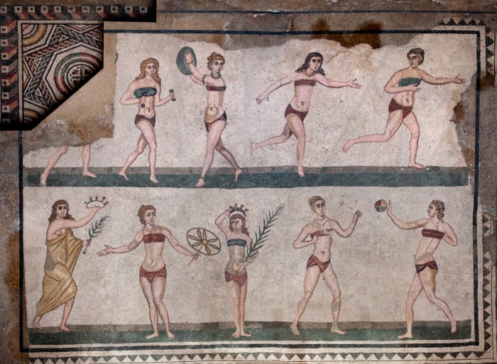 Our first record of the bikini is displayed in Villa Romana del Casale, in Sicily, in the form of mosaic on the floor.