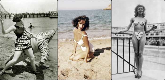 Vera Reynolds in 1924, wearing a considerably moderate one-piece; Elizabeth Taylor on the beach in 1959; and the French dancer, Michelin Bernardini, who became famous for being the first one to advertise the bikini in 1946 designed by Louis Réard.