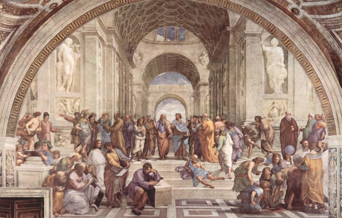 The fresco School of Athens was painted in the Papal apartments of the Vatican by Raphael. Aristotle, who stands right of center, is leading, with Plato on his left, all of the ancient philosophers of Greece.