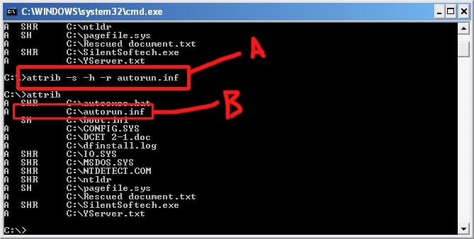 a) I typed the attrib command with the -s -h -r setting b) the result after I pressed enter - autorun.inf has no attributes left