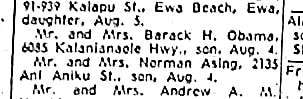 This is a copy of the newspaper announcement published when Barack Obama was born in Honolulu