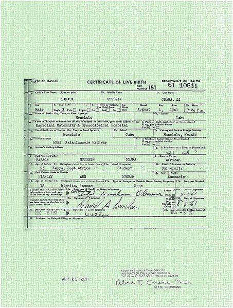 This is the long form birth certificate showing that the 44th President of the United States, Barack Obama, was born at 7:24 pm, on August 4, 1961, in Honolulu, Hawaii, United States.