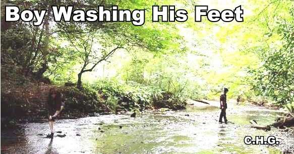 Notice the boy to the left in the photo washing his feet. The boy washing his feet was not there when the photo was taken.