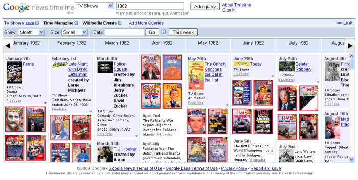 Google News Timeline: you can view news from archives, blog posts,magazine, scanned newspapers, sports, music, movies. You can view multiple sources concurrently. Easy to follow news an gather information related to relevant source