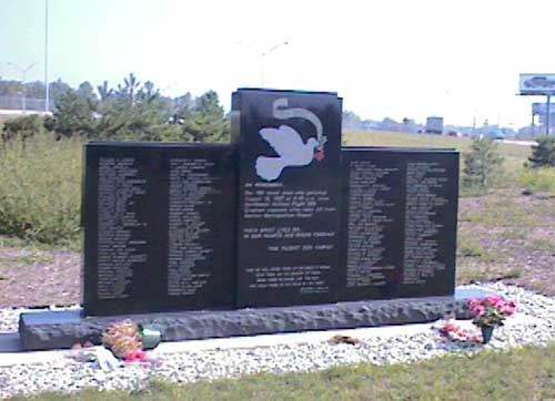Memorial to the people who were killed from the crash of Flight 255 at a bridge on I-94 in Romulus, Michigan, at 8:48 pm on August 16, 1987. Apparently the plane's wing touched a building on the airport property, then flipped over on to the ground, k