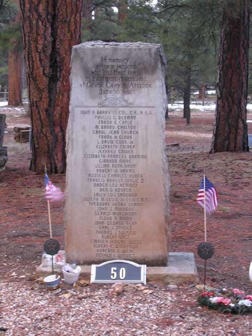 The remains of the unidentified victims aboard the United Airlines DC-7 are buried in Grand Canyon Cemetery. The unidentified victims aboard the TWA Constellation were interred at Citizens Cemetery in Flagstaff, Arizona