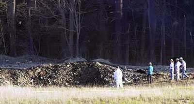 Wreckage of United Airlines Flight 93, a Boeing 757, on a scheduled flight from Newark to San Francisco, which crashed near Shanksville, Pennsylvania.