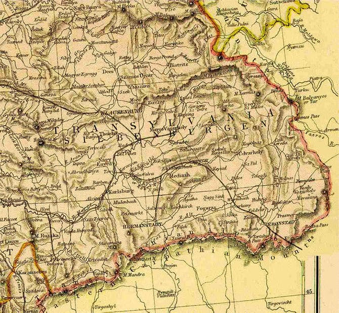 Transylvania in Hugary before 1919. The most interesting aspect to this map is the fact that the Latin and German names are used.