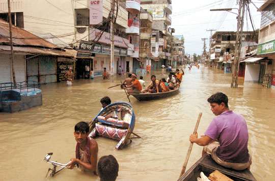 The Third World will suffer most as climate warms. With more extreme rain events likely, and higher sea levels, the future is likely to hold many more scenes such as this image of the 2007 flooding in Bangladesh. Image courtesy New Nation.