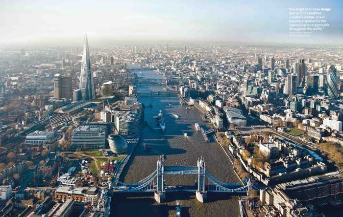 On the border to your right you can see the Swiss Re Tower (the Gherkin) and Tower 42. Toward your left border you can see a drawing of the high, pointed Shard London Tower to be completed in 2012 (architect, Renzo Piano). It will stand 1, 017 feet (