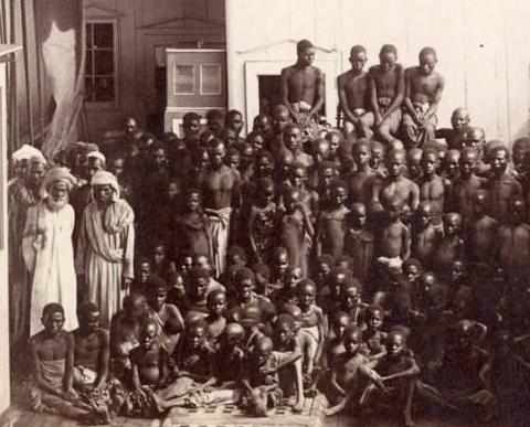 Emaciated boys and young men taken from mainland and sold in markets in the Arabian Peninsula. the Indian Ocean slave Trade was much older dating back to around second AD. Notice the Physical features of the Arabs
