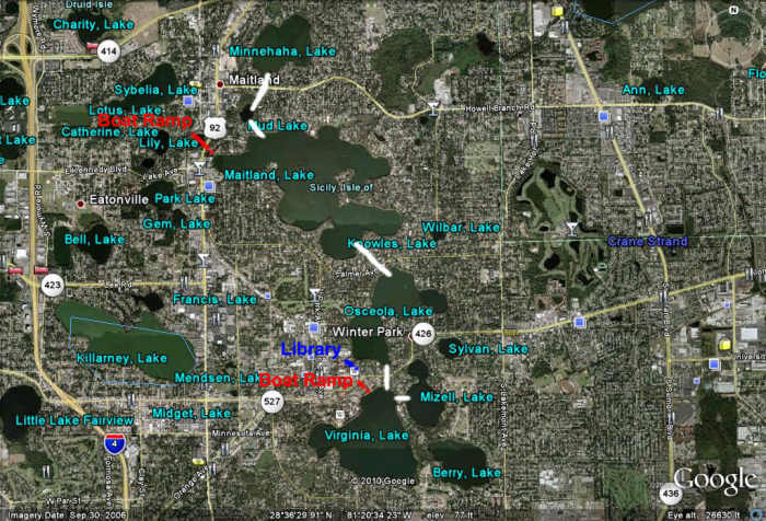 Map with boat ramps, library, and canals labeled. The white lines connecting the lakes are where the canals are.