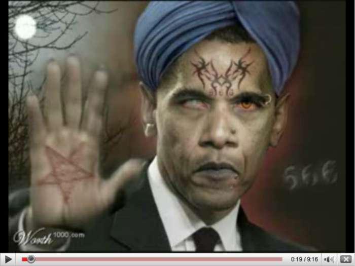 POSTER PROTESTING THE 666 VERICHIP (MARK OF THE BEAST) DEPICTING AMERICAN DICTATOR AS THE ANTICHRIST