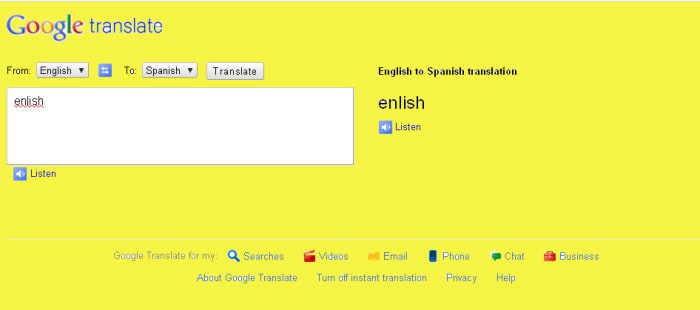 An example of what happens if you misspell a word you want to translate. In this case, I wanted to translate the word "English" from English to Spanish, but I made a typo and I spelled the word "enlish". Google translated into Spanish as "enlish"