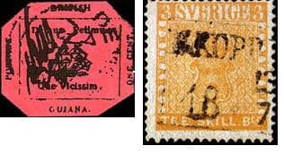 1856 one-cent "Black on Magenta" of British Guiana on left the world's most valuable stamp. Treskilling Yellow on right is also a very expensive stamp