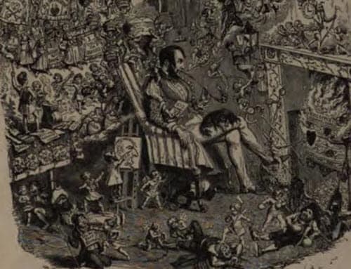 In this drawing, Cruikshank is sleeping while the products of his imagination romp through his study. But perhaps he too is a product of the imagination, as suggested by the fact that some his characters are drawing the artist.
