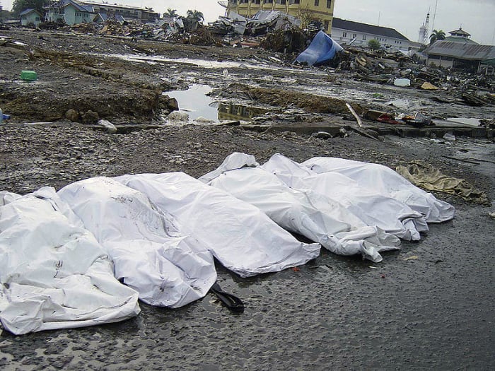 Amid trash and debris, the shrouded bodies of the deceased lay on a street in downtown Banda Aceh, Sumatra, Indonesia, following the massive Tsunami that struck the area on December 26, 2004.