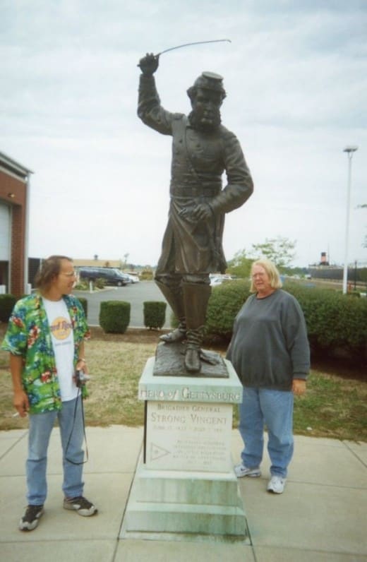 The statue was erected at the library in Erie. On another trip with Jim and Patty, we toured Gettysburg and saw where Col. Vincent was injured in the war. We've had some great adventures with Jim and Patty!
