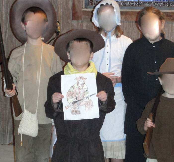 Children dressed as Jim Bridger, Buffalo Bill, Laura Ingalls Wilder, Narcissa Whitman, and Jed Smith